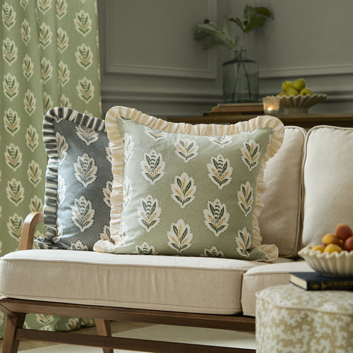 Floral Blue Cushions - Sessile Leaf Ruffle Feather Rich Filled Cushion Delph Blue Sanderson