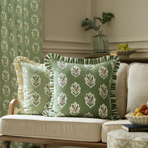 Floral Green Cushions - Sessile Leaf Ruffle Feather Rich Filled Cushion Leaf Green Sanderson