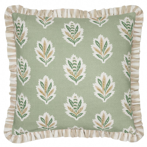 Floral Green Cushions - Sessile Leaf Ruffle Feather Rich Filled Cushion Sage Sanderson