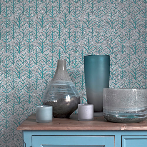 Floral Blue Wallpaper - Simba  1.4m Wide Width Wallpaper (By The Metre) Pacific Voyage Maison