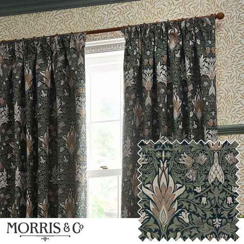 Floral Blue Curtains - Snakeshead Jacquard Chenille Pencil Pleat Curtains Indigo/Leaf Morris & Co