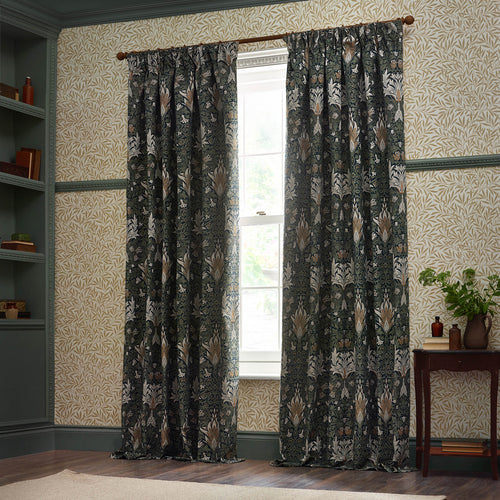 Floral Blue Curtains - Snakeshead Jacquard Chenille Pencil Pleat Curtains Indigo/Leaf Morris & Co