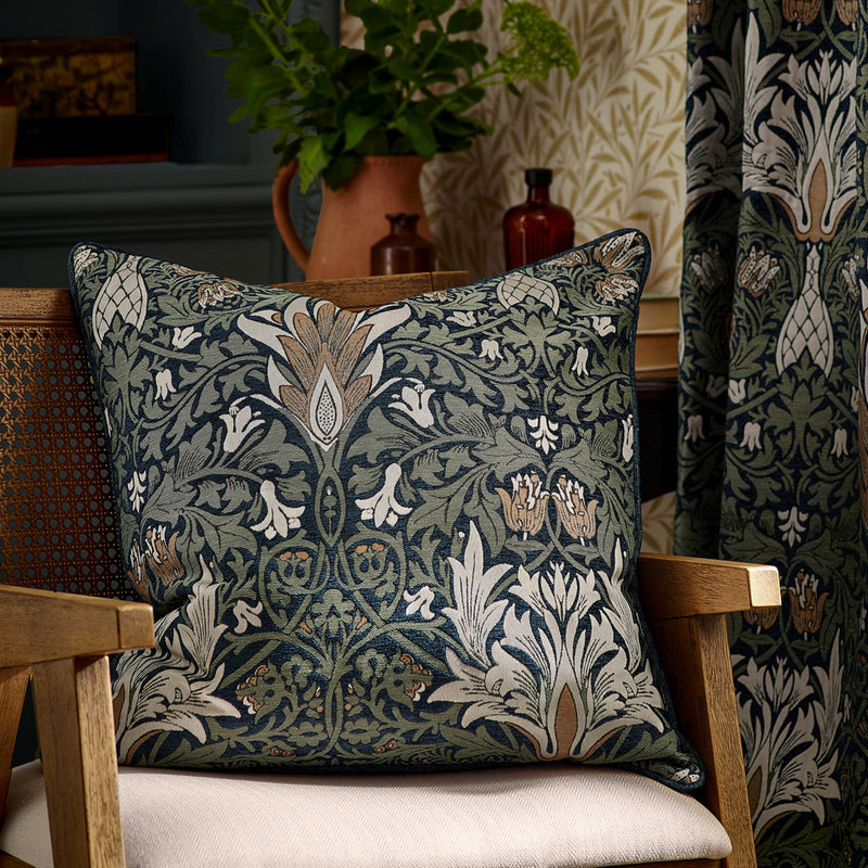 Floral Multi Cushions - Snakes Head Chenille Feather Rich Filled Cushion Indigo/Leaf Morris & Co