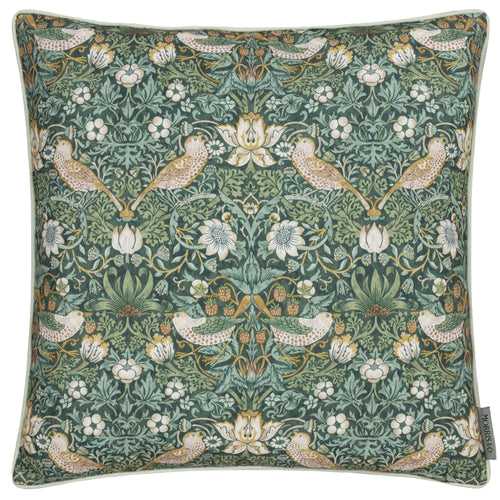 Floral Green Cushions - Strawberry Thief Piped Outdoor Polyester Filled Cushion Forest Green Morris & Co