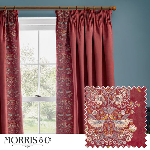 Animal Red Curtains - Strawberry Thief Embroidered Velvet Room Darkening Pencil Pleat Curtains Berry Morris & Co