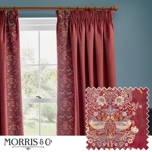 Animal Red Curtains - Strawberry Thief Embroidered Floral Velvet Pencil Pleat Curtains Berry Morris & Co