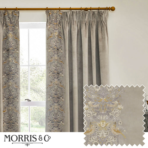 Animal Beige Curtains - Strawberry Thief Embroidered Velvet Room Darkening Pencil Pleat Curtains Biscuit Morris & Co