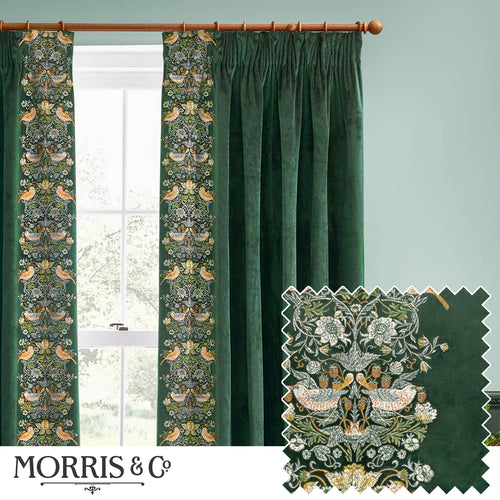 Animal Green Curtains - Strawberry Thief Embroidered Floral Velvet Pencil Pleat Curtains Forest Green Morris & Co