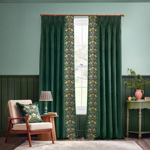 Animal Green Curtains - Strawberry Thief Embroidered Floral Velvet Pencil Pleat Curtains Forest Green Morris & Co