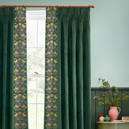 Animal Green Curtains - Strawberry Thief Embroidered Floral Velvet Pencil Pleat Curtains Forest Green Morris & Co