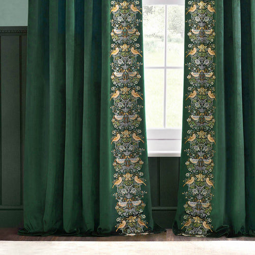 Animal Green Curtains - Strawberry Thief Embroidered Floral Velvet Pencil Pleat Curtains Forest Green Morris & Co