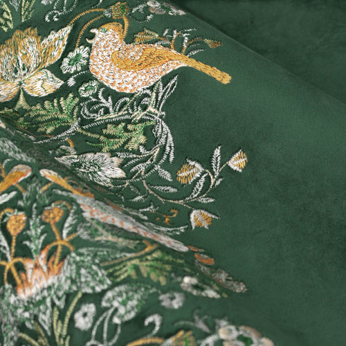 Animal Green Curtains - Strawberry Thief Embroidered Floral Velvet Pencil Pleat Curtains Forest Green Morris & Co