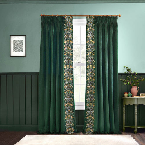 Animal Green Curtains - Strawberry Thief Embroidered Floral Velvet Pencil Pleat Curtains Forest Green Morris & Co