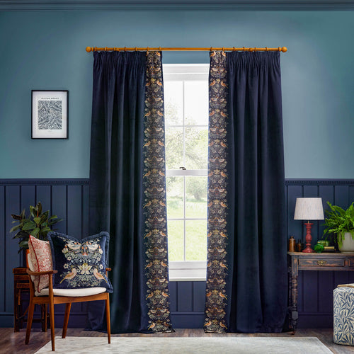 Animal Blue Curtains - Strawberry Thief Embroidered Floral Velvet Pencil Pleat Curtains Indigo Morris & Co