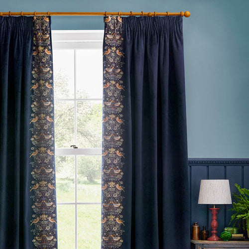 Animal Blue Curtains - Strawberry Thief Embroidered Floral Velvet Pencil Pleat Curtains Indigo Morris & Co