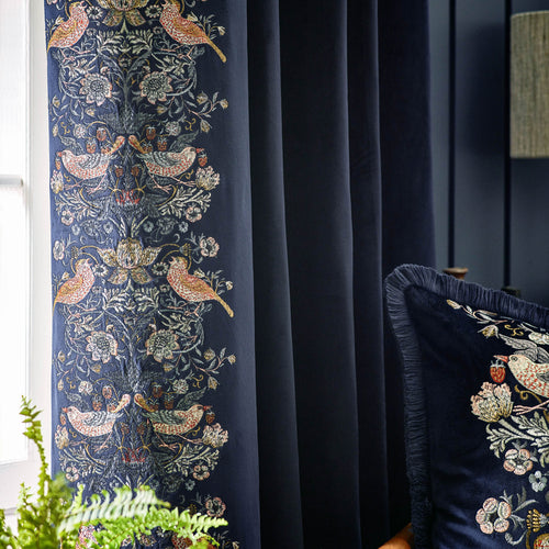 Animal Blue Curtains - Strawberry Thief Embroidered Floral Velvet Pencil Pleat Curtains Indigo Morris & Co