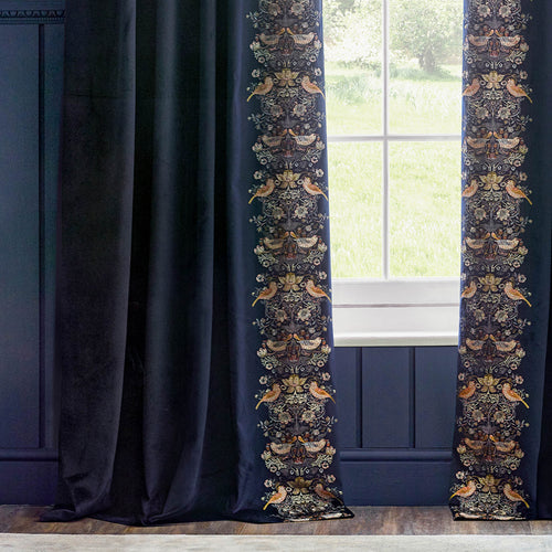 Animal Blue Curtains - Strawberry Thief Embroidered Floral Velvet Pencil Pleat Curtains Indigo Morris & Co