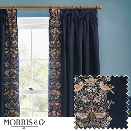 Animal Blue Curtains - Strawberry Thief Embroidered Floral Velvet Pencil Pleat Curtains Indigo Morris & Co