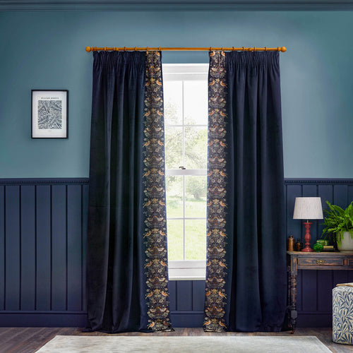 Animal Blue Curtains - Strawberry Thief Embroidered Floral Velvet Pencil Pleat Curtains Indigo Morris & Co