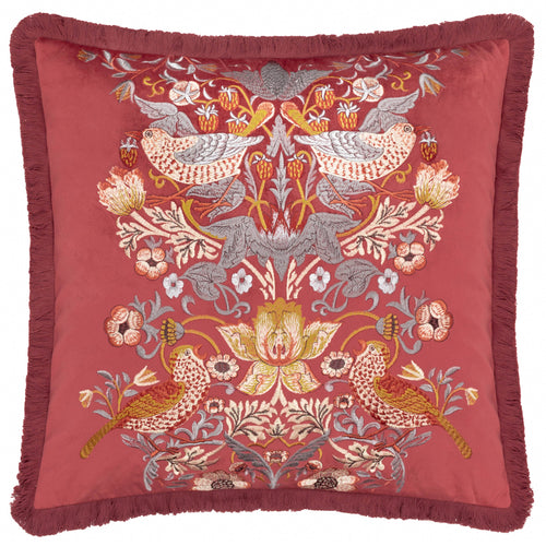 Animal Red Cushions - Strawberry Thief Embroidered Velvet Feather Rich Filled Cushion Berry Morris & Co