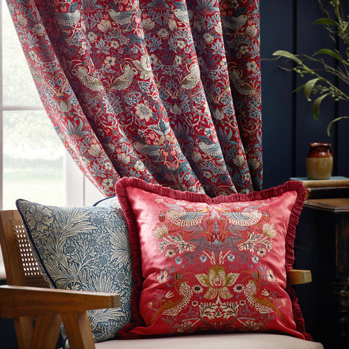 Animal Red Cushions - Strawberry Thief Embroidered Velvet Feather Rich Filled Cushion Berry Morris & Co