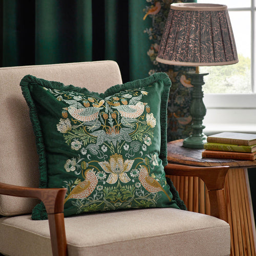 Animal Green Cushions - Strawberry Thief Embroidered Velvet Feather Rich Filled Cushion Forest Morris & Co