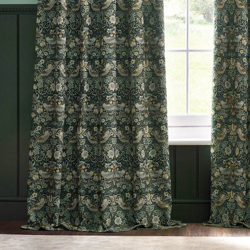 Animal Green Curtains - Strawberry Thief Jacquard Floral Pencil Pleat Curtains Forest Green Morris & Co