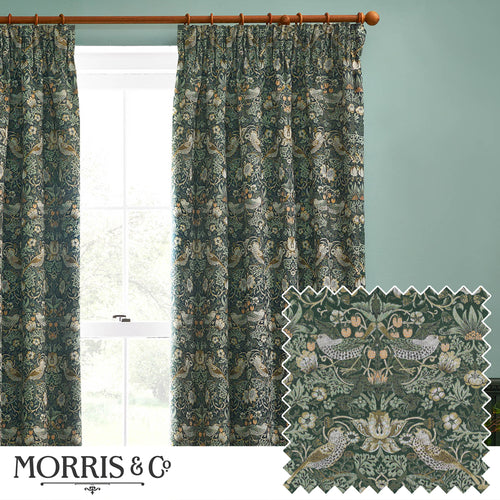 Animal Green Curtains - Strawberry Thief Jacquard Floral Pencil Pleat Curtains Forest Green Morris & Co