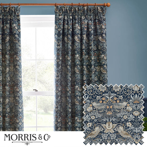 Animal Blue Curtains - Strawberry Thief Jacquard Floral Room Darkening Pencil Pleat Curtains Indigo Morris & Co