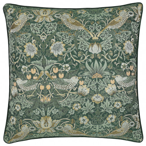 Animal Green Cushions - Strawberry Thief Piped Jacquard Feather Rich Filled Cushion Forest Morris & Co