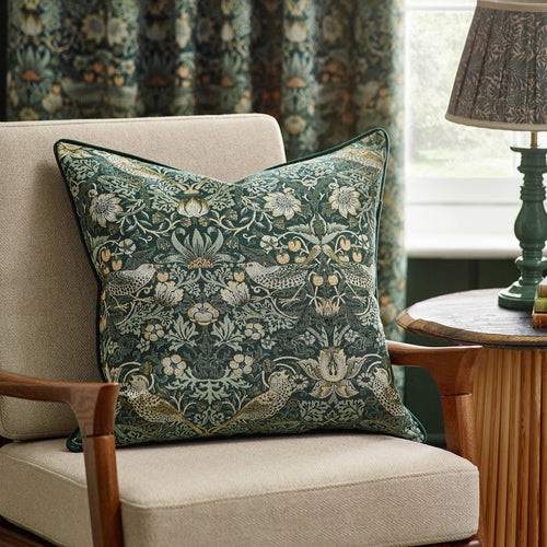 Animal Green Cushions - Strawberry Thief Piped Jacquard Feather Rich Filled Cushion Forest Morris & Co