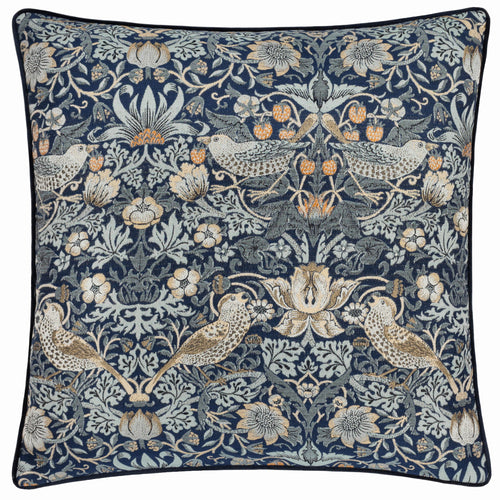 Animal Blue Cushions - Strawberry Thief Piped Jacquard Feather Rich Filled Cushion Indigo Morris & Co