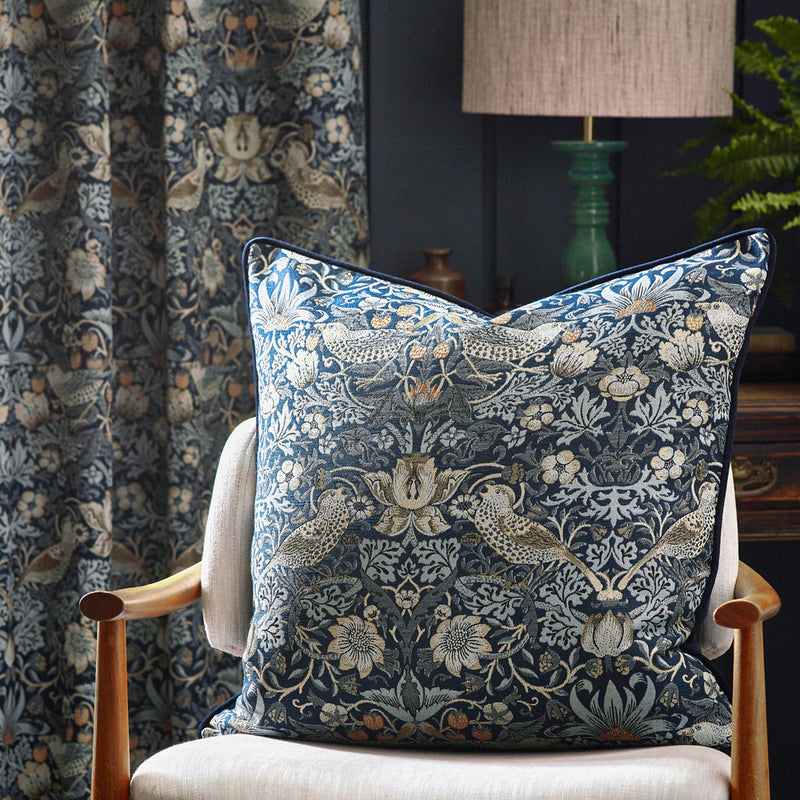 Animal Blue Cushions - Strawberry Thief Piped Jacquard Feather Rich Filled Cushion Indigo Morris & Co