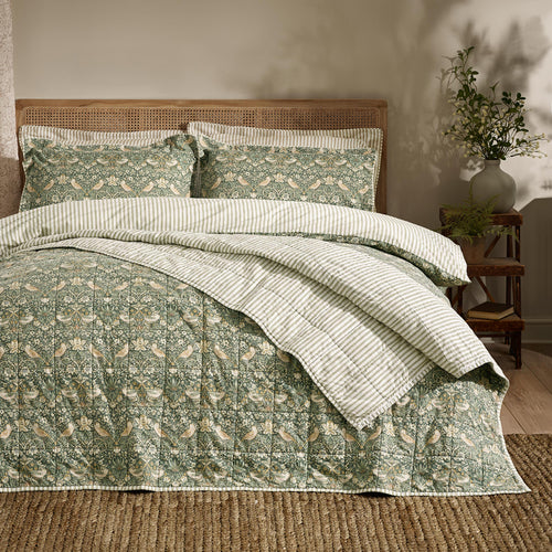 Floral Green Bedding - Strawberry Thief 100% Cotton Bedspread Forest Green Morris & Co