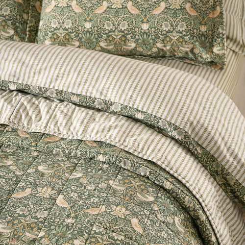 Floral Green Bedding - Strawberry Thief 100% Cotton Bedspread Forest Green Morris & Co
