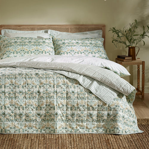 Floral Green Bedding - Strawberry Thief 100% Cotton Bedspread Sage Green Morris & Co