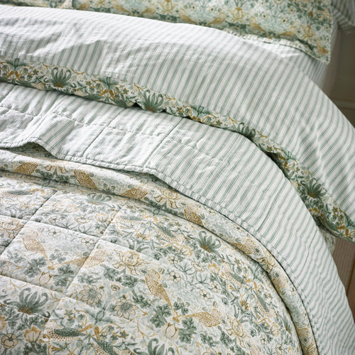 Floral Green Bedding - Strawberry Thief 100% Cotton Bedspread Sage Green Morris & Co