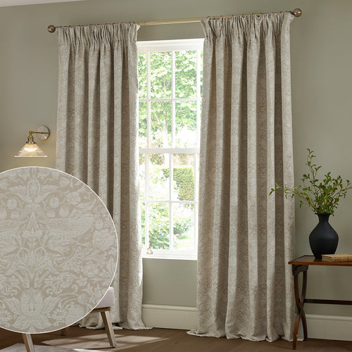 Floral Multi Curtains - Strawberry Thief Jacquard Fully Lined Pencil Pleat Curtains Linen Morris & Co