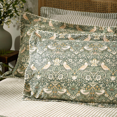 Floral Green Bedding - Strawberry Thief 100% Cotton Pillowcase Pair Forest Green Morris & Co