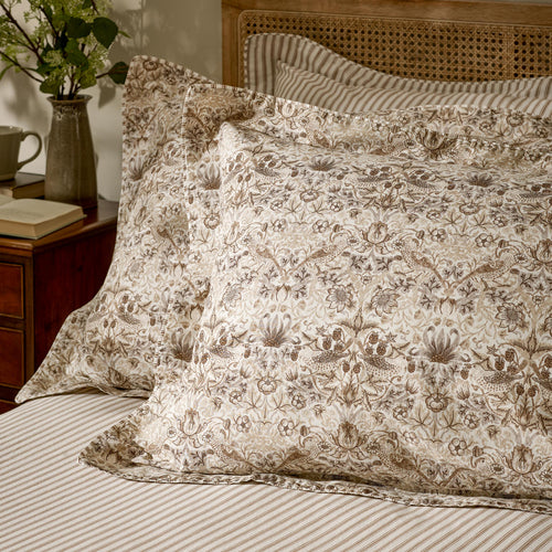 Floral Beige Bedding - Strawberry Thief 100% Cotton Pillowcase Pair Natural Morris & Co