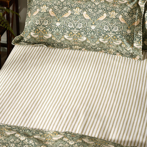 Floral Green Bedding - Strawberry Thief 100% Cotton Fitted Sheet Forest Green Morris & Co