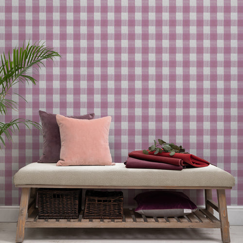 Check Pink Wallpaper - Tamar  1.4m Wide Width Wallpaper (By The Metre) Berry Voyage Maison