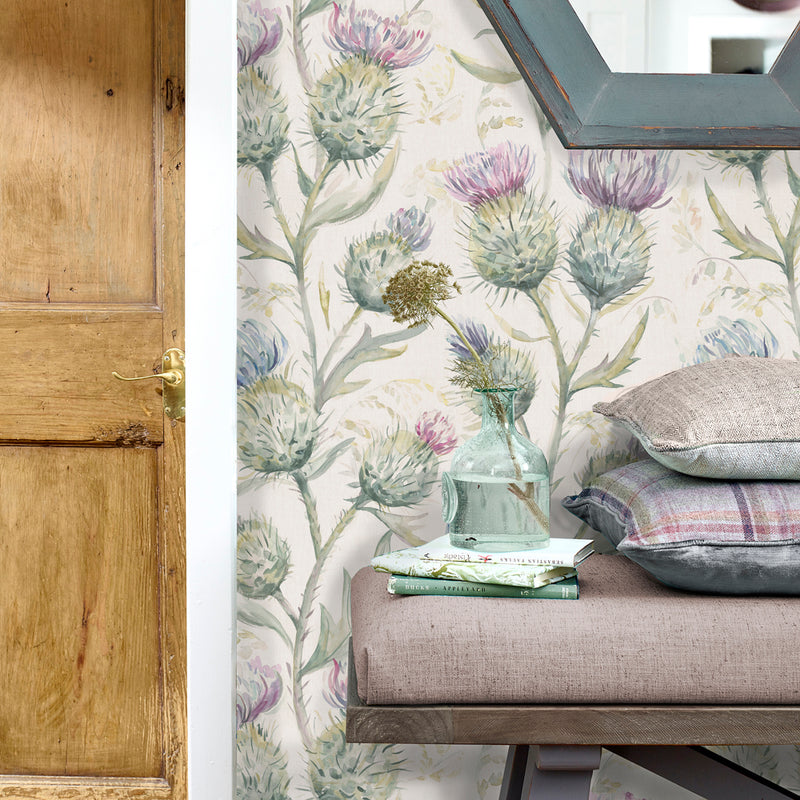 Floral Purple Wallpaper - Thistle Glen  1.4m Wide Width Wallpaper (By The Metre) Spring Voyage Maison