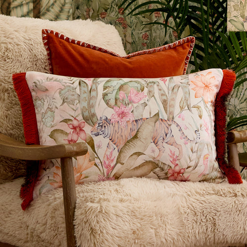 Jungle Orange Cushions - Tropical Utopia Printed Velvet Feather Filled Cushions Lotus Voyage Maison