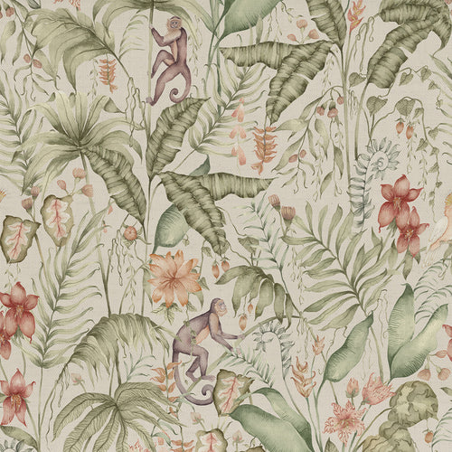 Jungle Green Fabric - Tropical Utopia Printed Cotton Fabric Green Voyage Maison