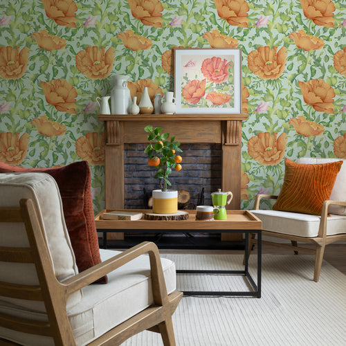 Floral Orange Wallpaper - Valeria  1.4m Wide Width Wallpaper (By The Metre) Tangerine Voyage Maison