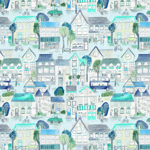 Abstract Blue Fabric - Village Streets Printed Cotton Fabric (By The Metre) Sky Voyage Maison