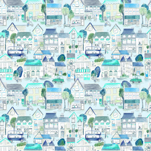 Abstract Blue Fabric - Village Streets Printed Cotton Fabric (By The Metre) Sky Voyage Maison
