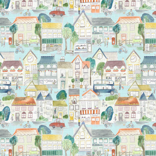 Abstract Blue Fabric - Village Streets Printed Cotton Fabric (By The Metre) Sunburst Voyage Maison