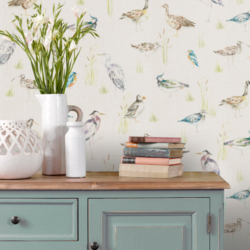 Animal Cream Wallpaper - Waterfowl  1.4m Wide Width Wallpaper (By The Metre) Linen Voyage Maison